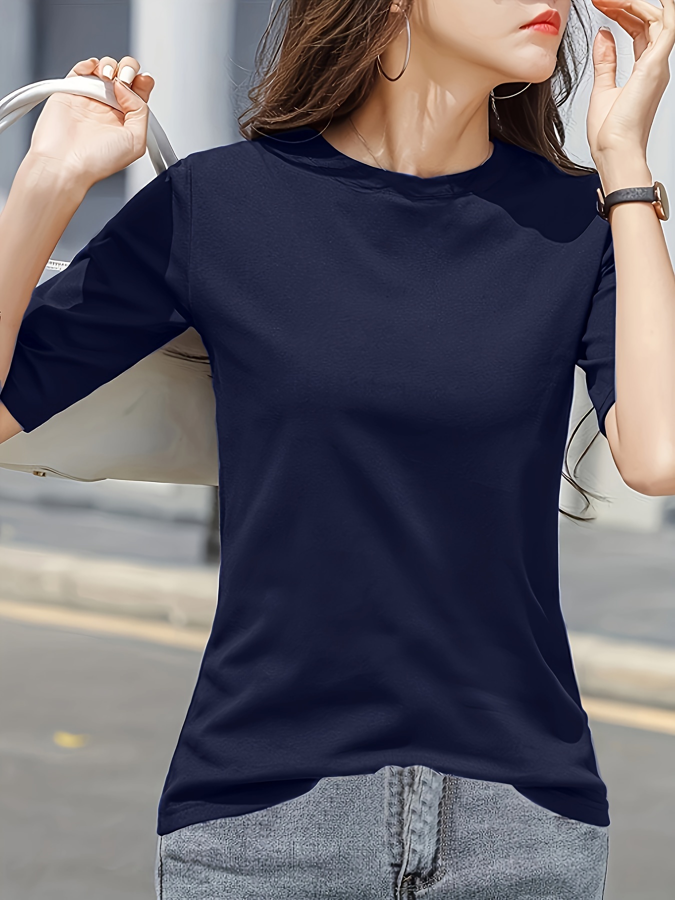 Women'S Elegant Solid Color T-Shirt - Soft Pink Crew Neck Short Sleeve Top, Perfect for Summer Fashion, Everyday Tshirt | Versatile Top | Comfortable Fit