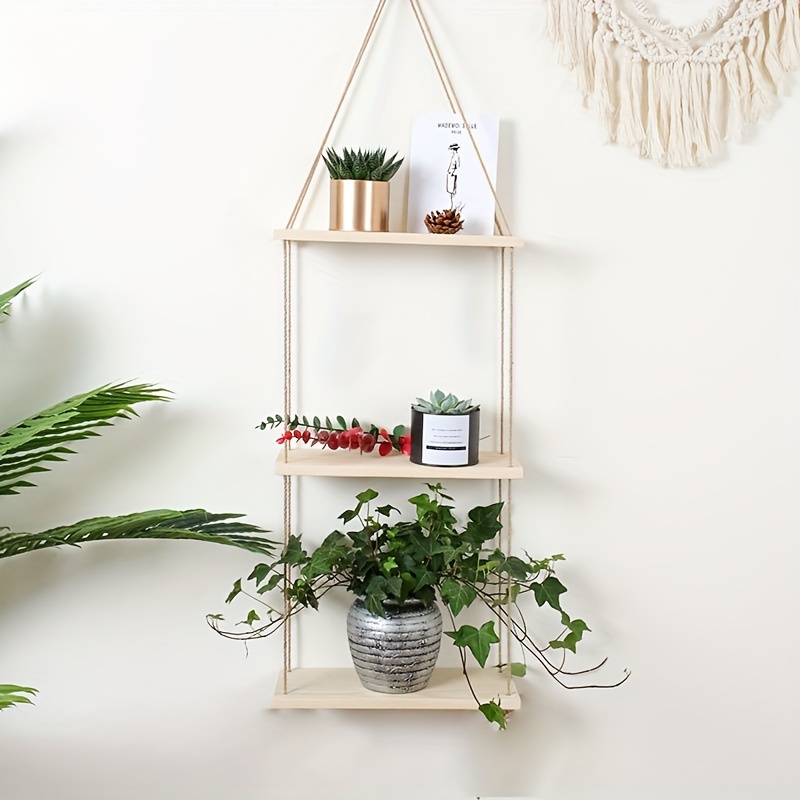 

1pc Bohemian Style Wooden Floating Shelf Wall Hanging, 34.65x13.78x3.94 Inches, Decorative Plant Pot Rack For Bedroom, Living Room, Bathroom Home Decor