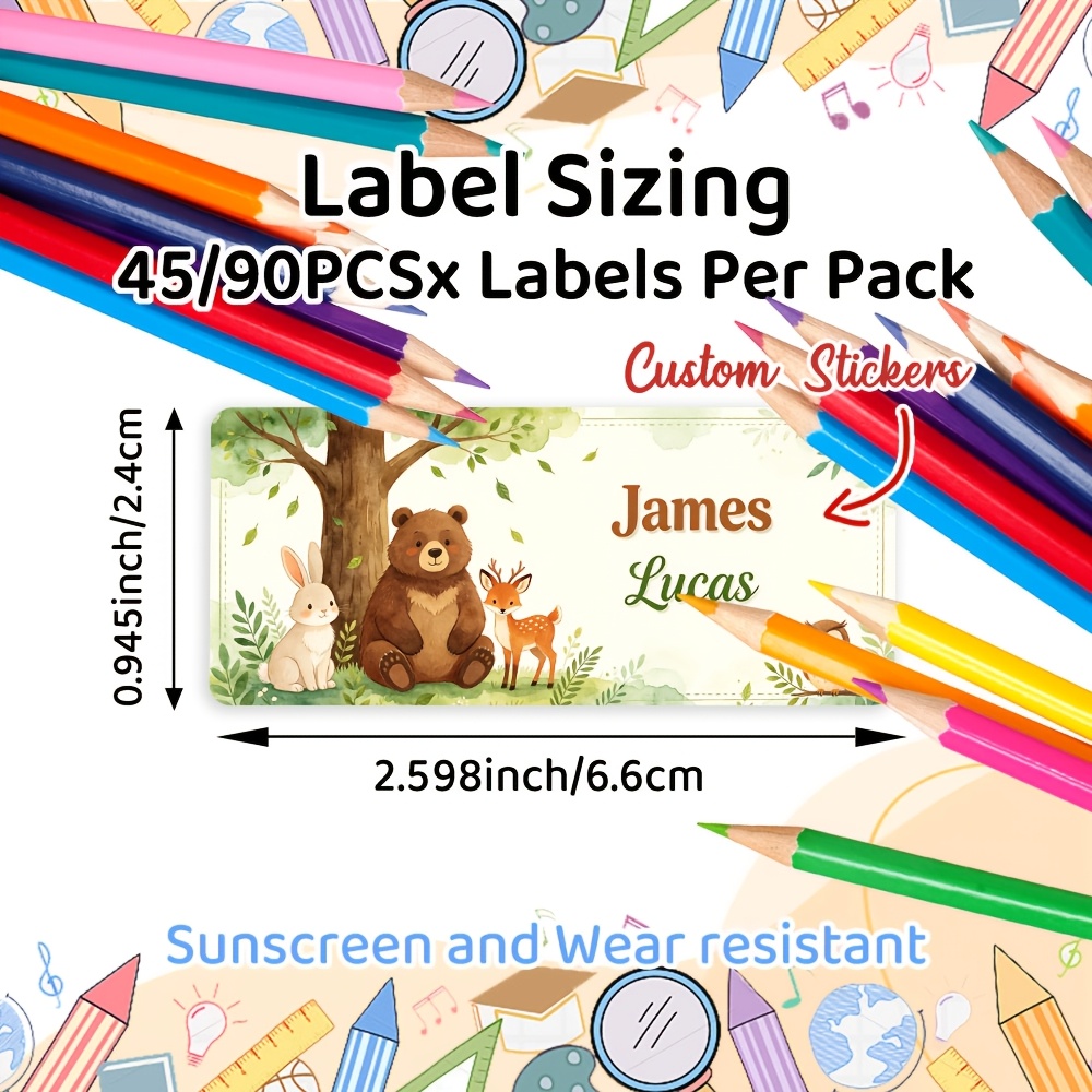 45/90pcs Personalized Forest-Themed Animal Name Stickers