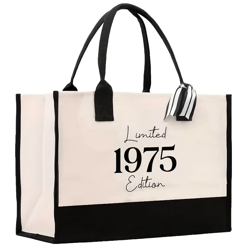 TEMU Édition Limitée 1975 - Sac à Main pour Femme 50e Anniversaire - Design Vintage à Rayures Noires, Matériau Durable avec Poignée Robuste, Cadeau