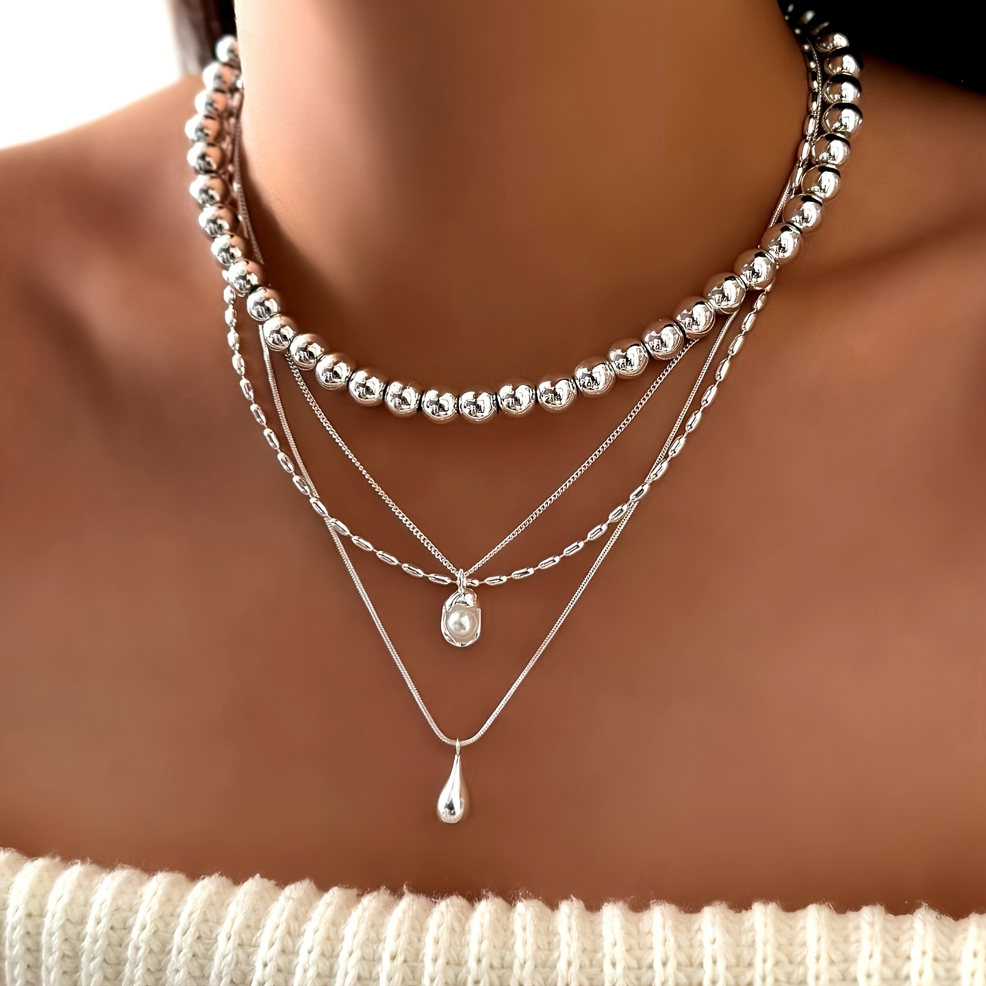 TEMU Collar de mujer de moda, colgante de de agua CCB multicapa, 4 capas apiladas, femenino, versátil, cadena de clavícula con cuentas de flujo,