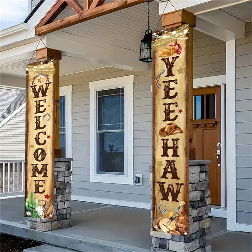 1 par velkommen vestlig cowboy fest veranda banner - rustikt polyester hængende skilt med cowboyhat & cowboyhat design, til fødselsdag, ungdomsbruser og vestlig tema dekorationer, ungdomsbruser dekor | rustikt vestligt tema | holdbart polyester, cowboy fest dekorationer, velkommen til festen dekoration, velkommen til festen skilt, velkommen skilt, flag