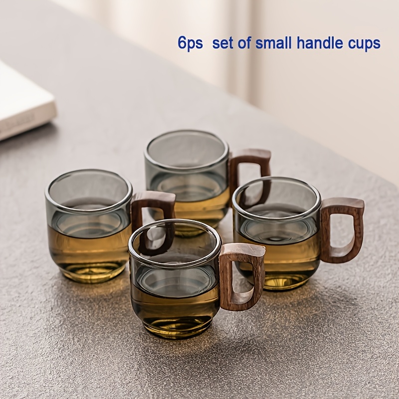6pcs Set/glass Cups, Teacups, Coffee Cups, Single-cup For , Wood-handled Small Tea Cups/glass Stemware/small Handled Cups, Heat-resistant