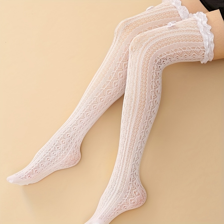 

1 Pair Of Elegant Bow-accented Thigh-high Socks - Sheer Lace Design With Detail, Stretchy Nylon , Hand Washable - Chic & Cute Over-the-knee Style For Women