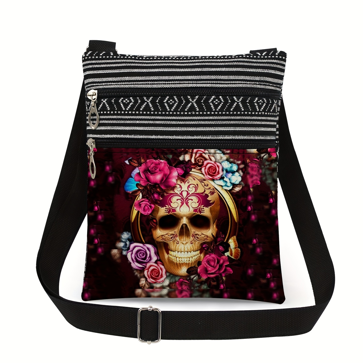 Image of Chic Floral Skull Print Crossbody Bag For Women - Perfect Halloween Gift, Casual Travel Shoulder Purse With Zip Closure, Storage Bag