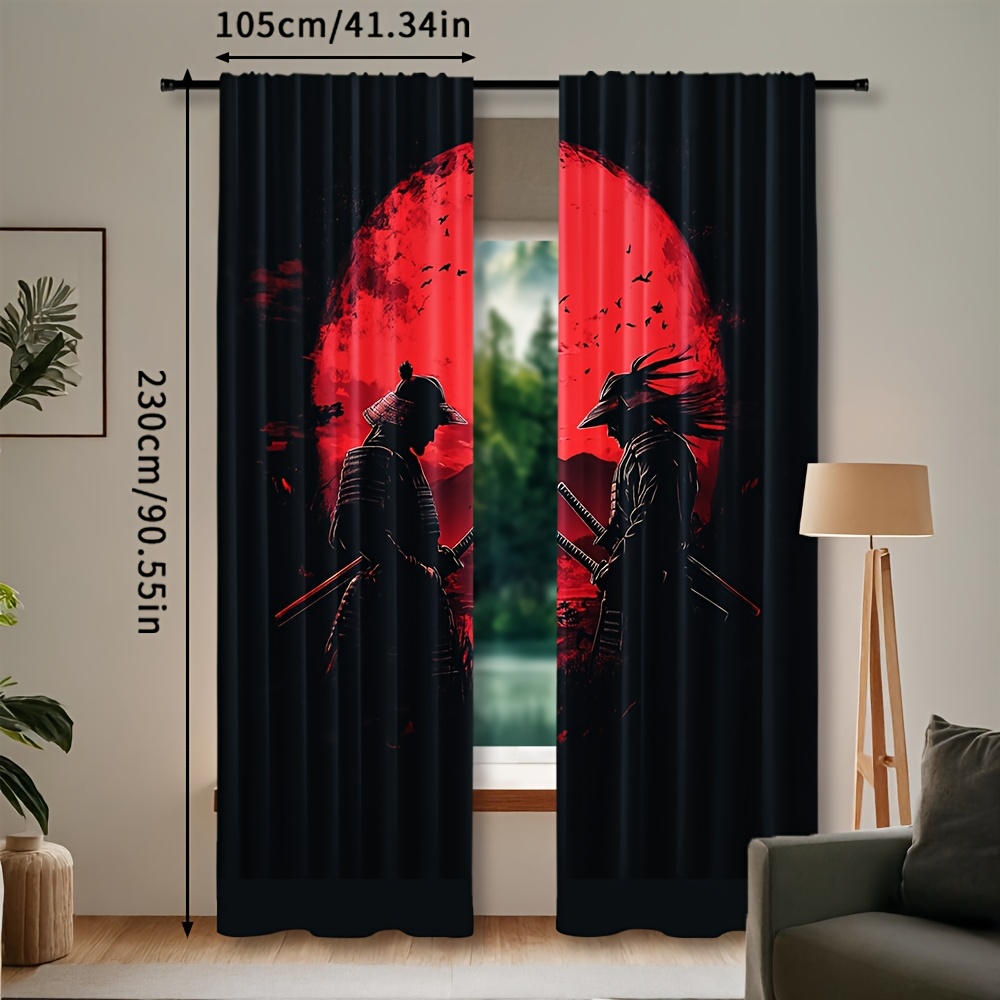 TEMU 2 piezas, Cortinas de pintura de tinta de samurái japonés, poliéster semitransparente con bolsillo para barra, perfectas para , cocina,