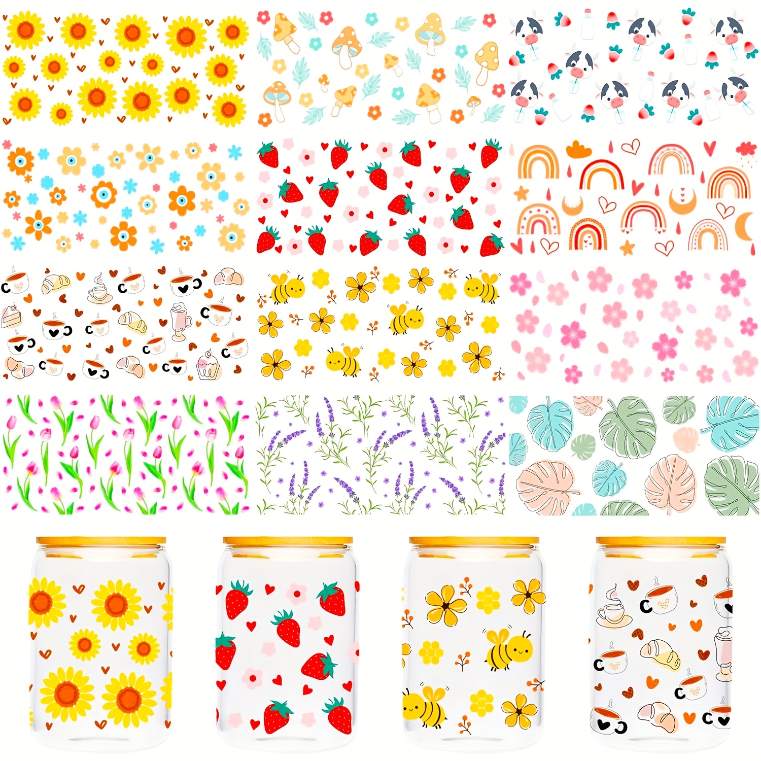 TEMU A Set Of 12 Uv Dtf Cup Wrap Transfers Featuring Designs Like Boho Rainbow, Daisies, Flowers, Cows, Bees, Strawberries, Mushrooms, And