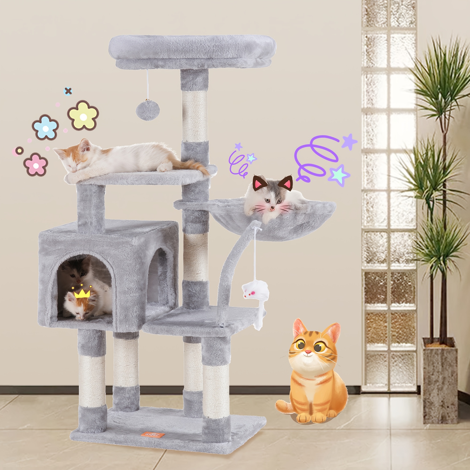 

Deluxe Gray Cat Tree Tower For Indoor Cats - Multi-level Playhouse With Plush Perch, Cozy & Sisal Scratching Posts - Carb P2 Particle Board, Easy , Toy, Padded