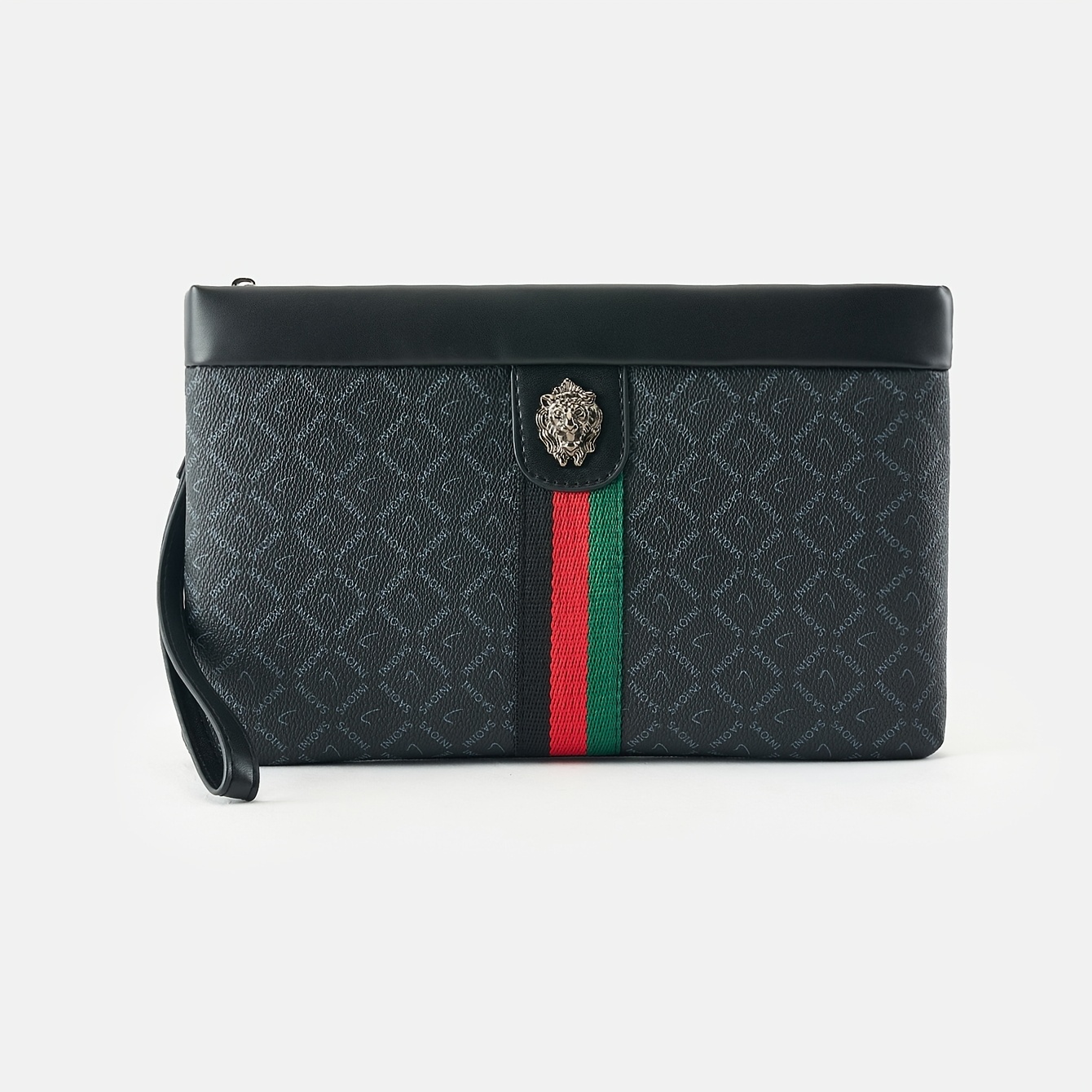 TEMU Men's Monogram Print Clutch Bag - Luxury Business Handbag With Emblem, Web Stripe, Detachable Wrist Strap & Large Capacity, Ideal For Evening