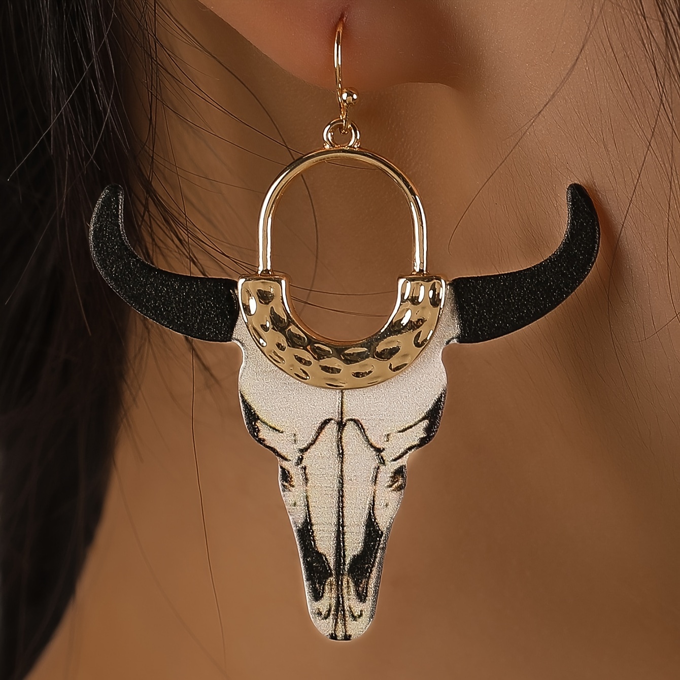 

1 Pair Of Western Style Drop Earrings 18k Gold Plated Trendy Bull Head Design Match Daily Outfits Party Accessories
