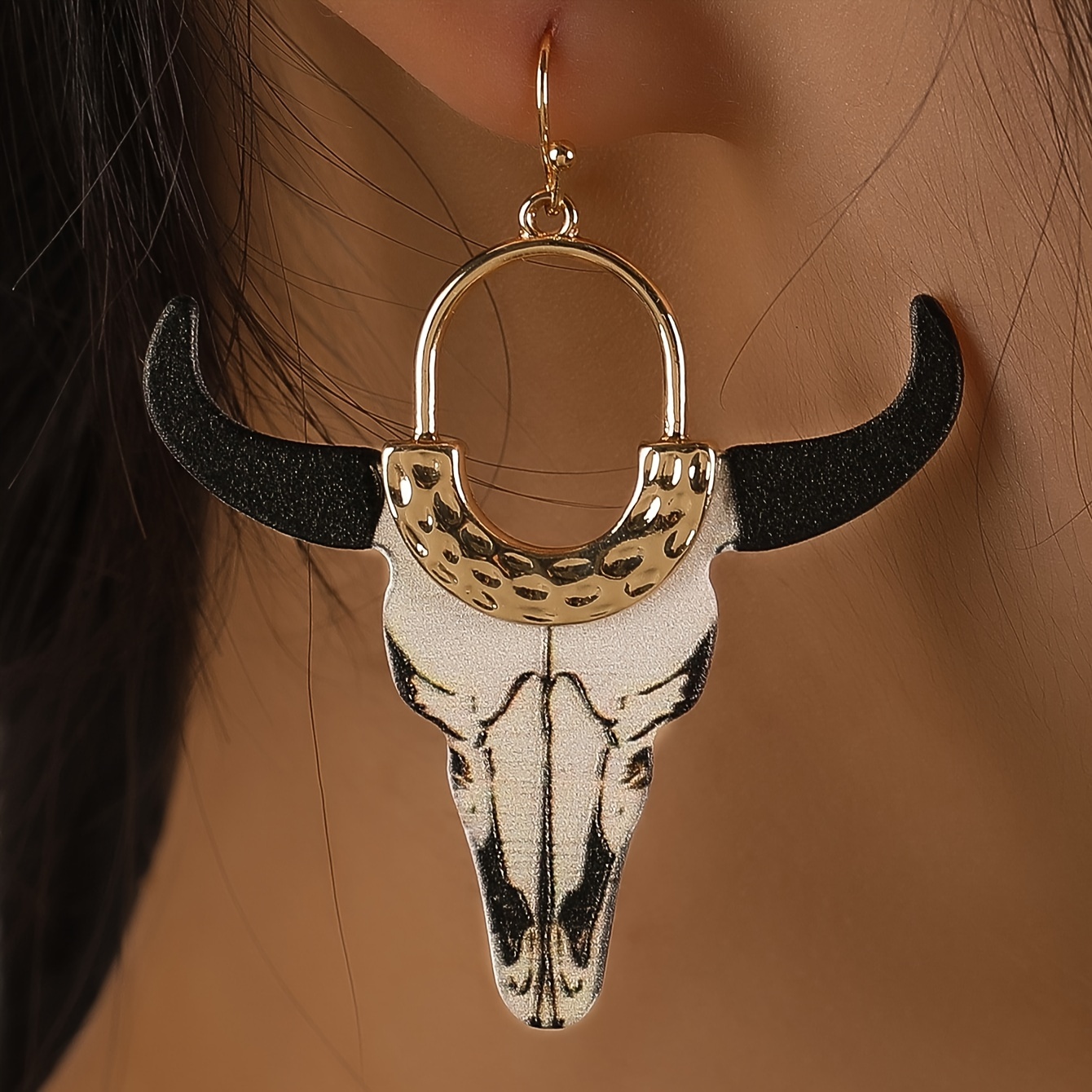 

1 Pair Vintage Dangle Earrings - Black & White Cowhide Design With Golden Accents, Alloy & Copper Hooks, Everyday Western Style Jewelry For Women, Western Earrings