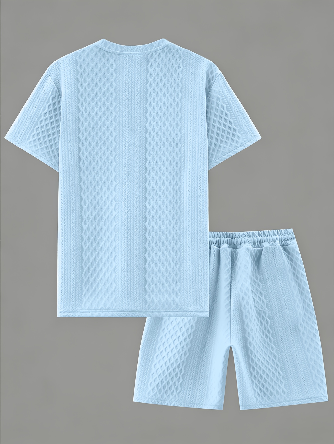 Men's New Textured Fabric Crew Neck T-Shirt + Drawstring Shorts Set