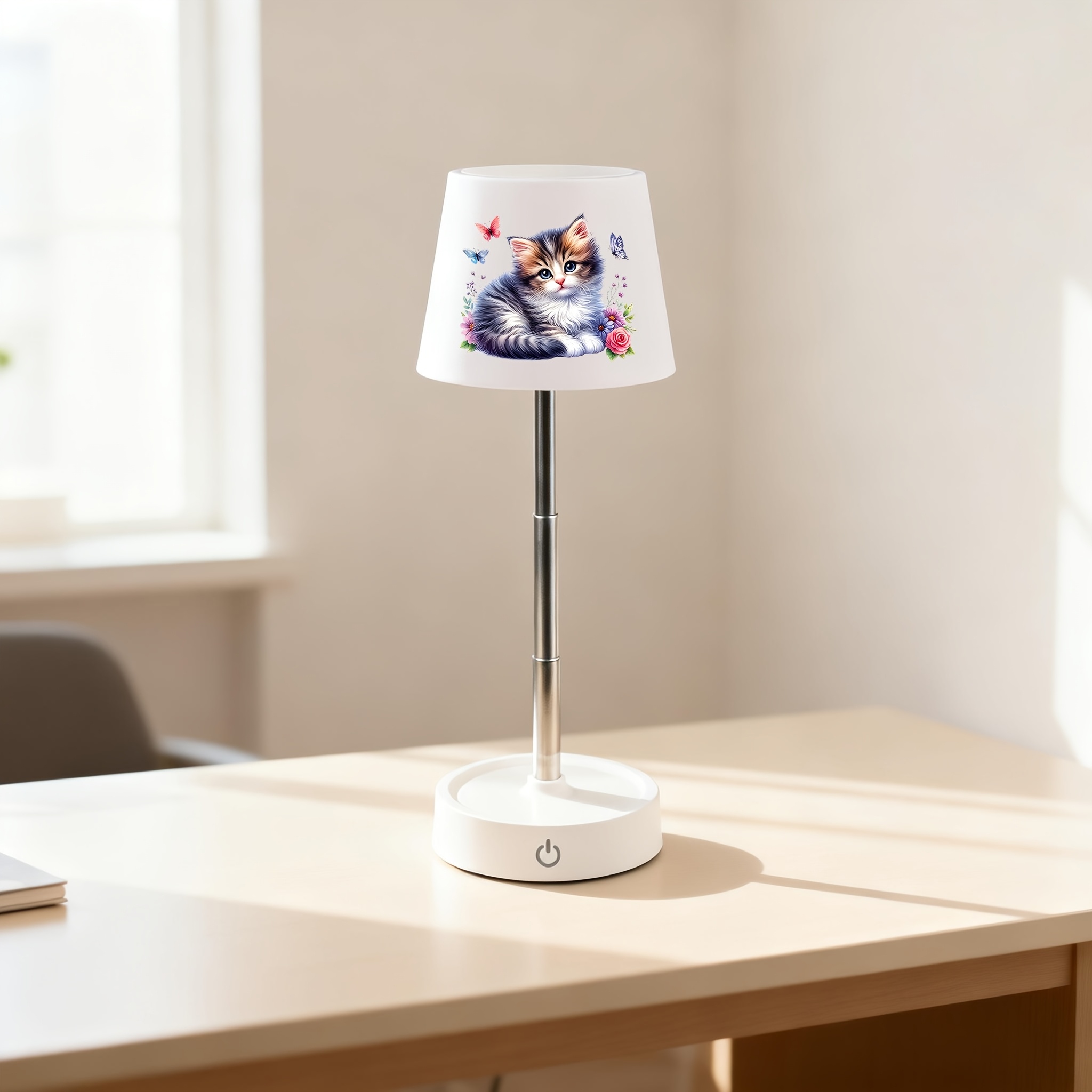 Cute Fluffy Kitten with Flowers & Butterflies Pattern Desk Lamp, Rechargeable LED