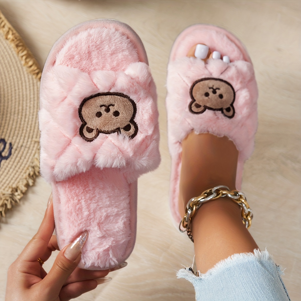 Image of Women's Cute Cartoon Bear Head Slippers - Soft Warm Quiet Indoor House Shoes With Eva Sole, , Beige Plush Fabric Design For Home & Casual Wear, Bear Slippers, Shoes, Slipper Design, Soft Fabric Upper