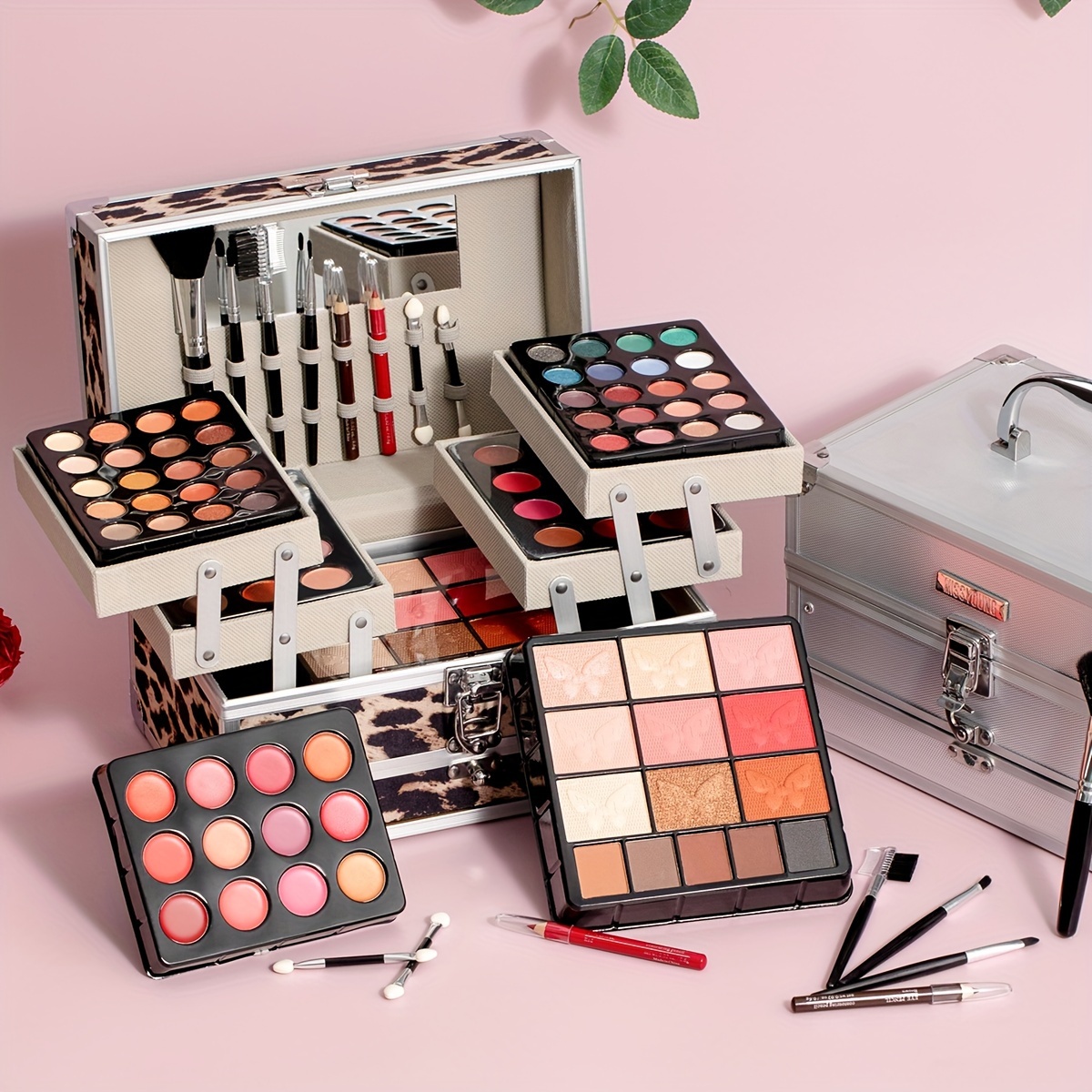 portable makeup set in berry shades eyeshadow blush solid lipstick brow powder highlighter mini brush makeup applicator mirror for parties gifts and performances details 2