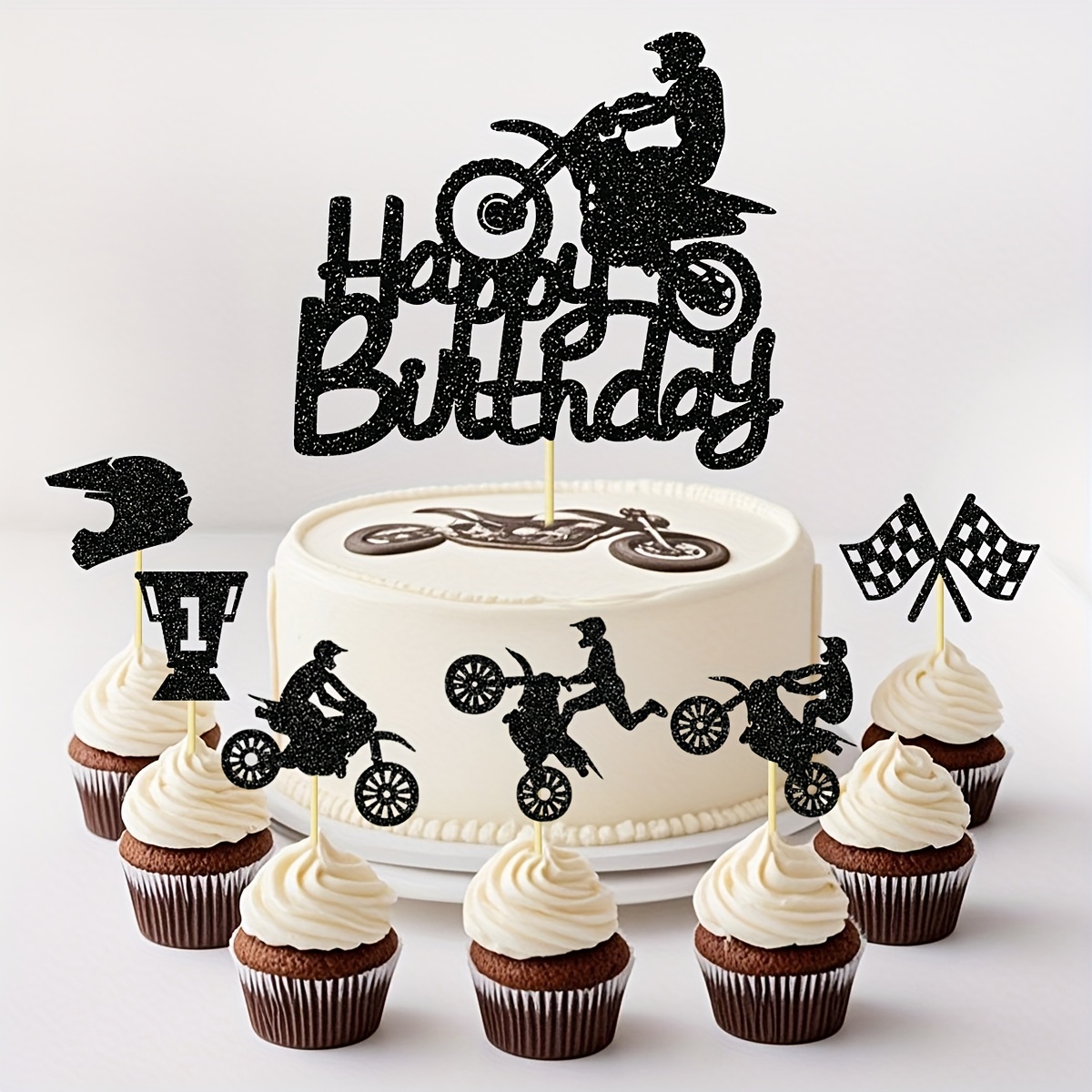 Image of 7pcs Bamboo Sports-themed Motorcycle Birthday Cake Topper, Black/blue Glittery Dirt Bike Decoration, No Power Required, Halloween, Christmas
