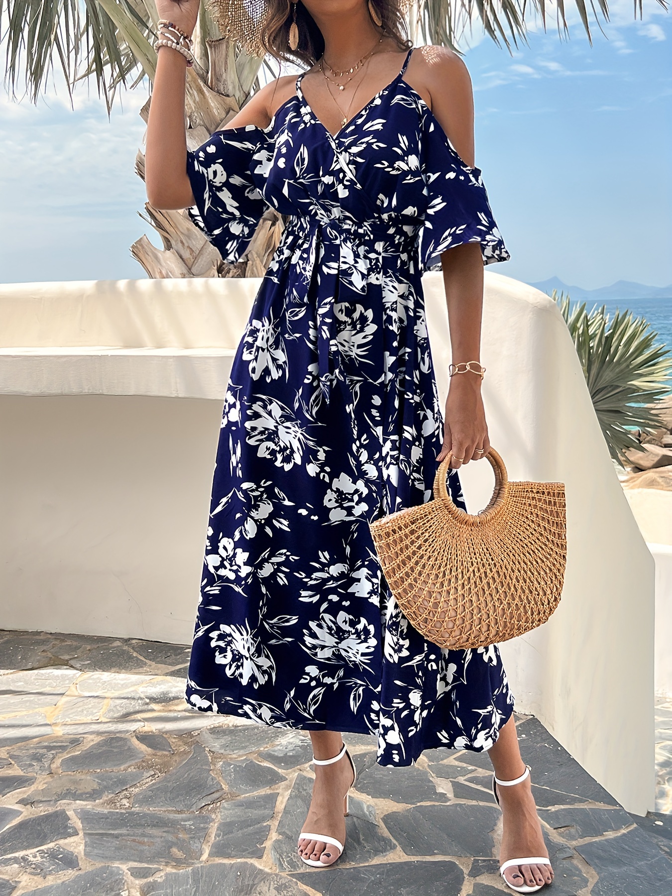 floral print spaghetti strap dress short - Temu
