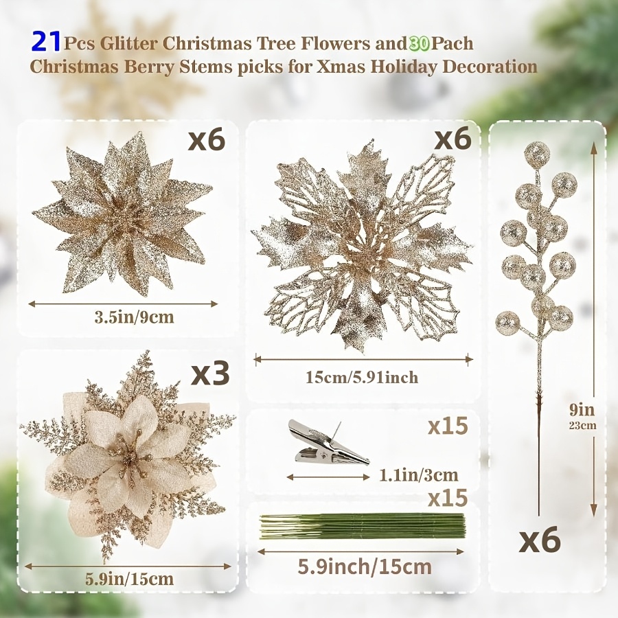 TEMU 51pcs - Of Christmas And Halloween Artificial Flower And Sequined Berry Stem Kits, Suitable For Family Parties, Christmas Tree Garland