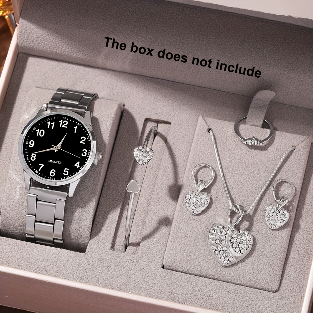 6pcs Elegant Women's Quartz Watch Set with Heart-Shaped Jewelry, Perfect Gift for Ladies, Non-Adjustable Alloy Strap, Classic Bar Markers Round Dial, Ideal Gift for Sisters and Mothers, Suitable for Ramadan or Casual Attire, No Packaging Box Included, Middle East Special Edition