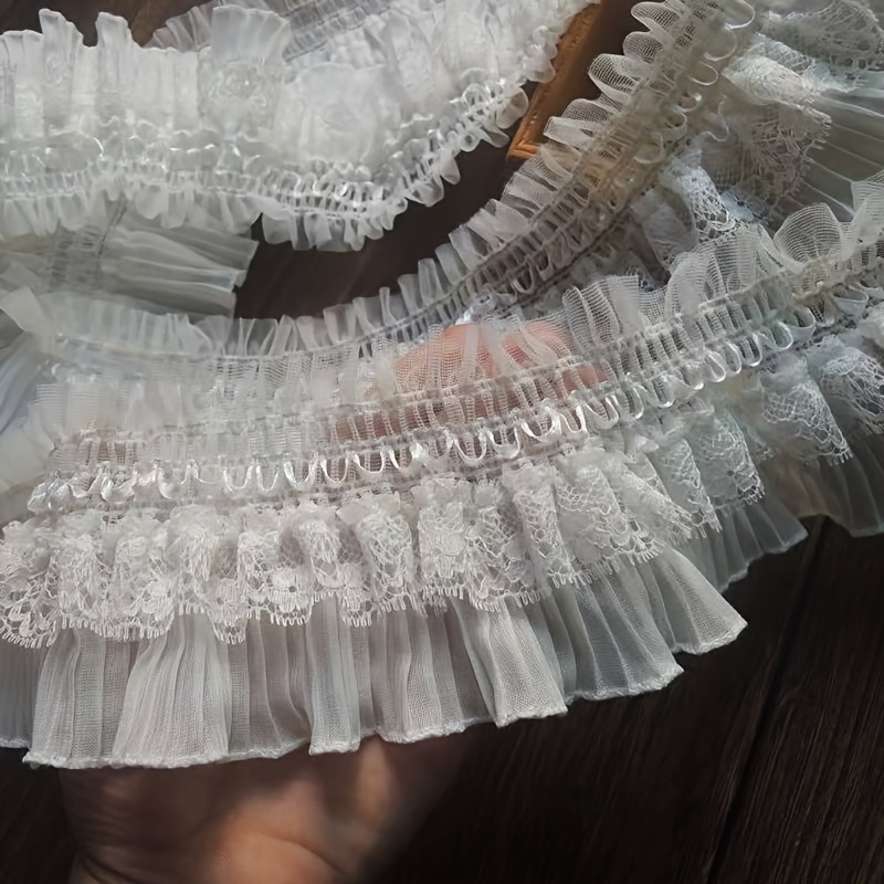 1 Roll / 1.5 Yards, 8cm Wide, Elastic Lace Ruffle Hem Curtain Valance Bedding Fabric, Black And White Lace Trim Clothing Accessory