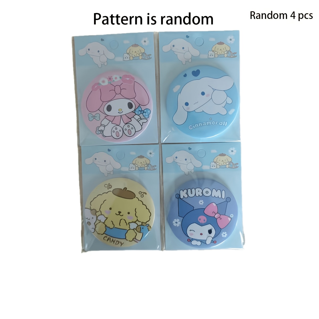 E-shop 4 Stück Sanrio Family Serie Handspiegel, mit Kuromi, My Melody, Pompompurin weiteren klassischen Charakteren, tragbare runde Cartoon-Spiegel,
