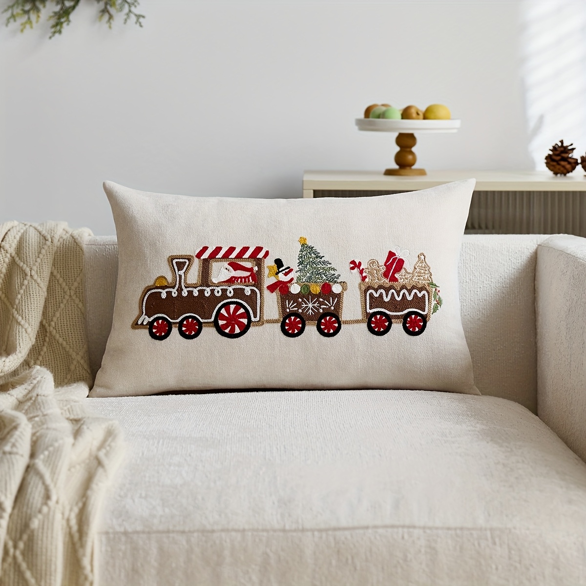 TEMU 1pc, Chenille Christmas Pillowcase, Gingerbread Christmas Trees/train Throw Pillow Covers, Single Side Embroidery, Suitable For Sofa, Living