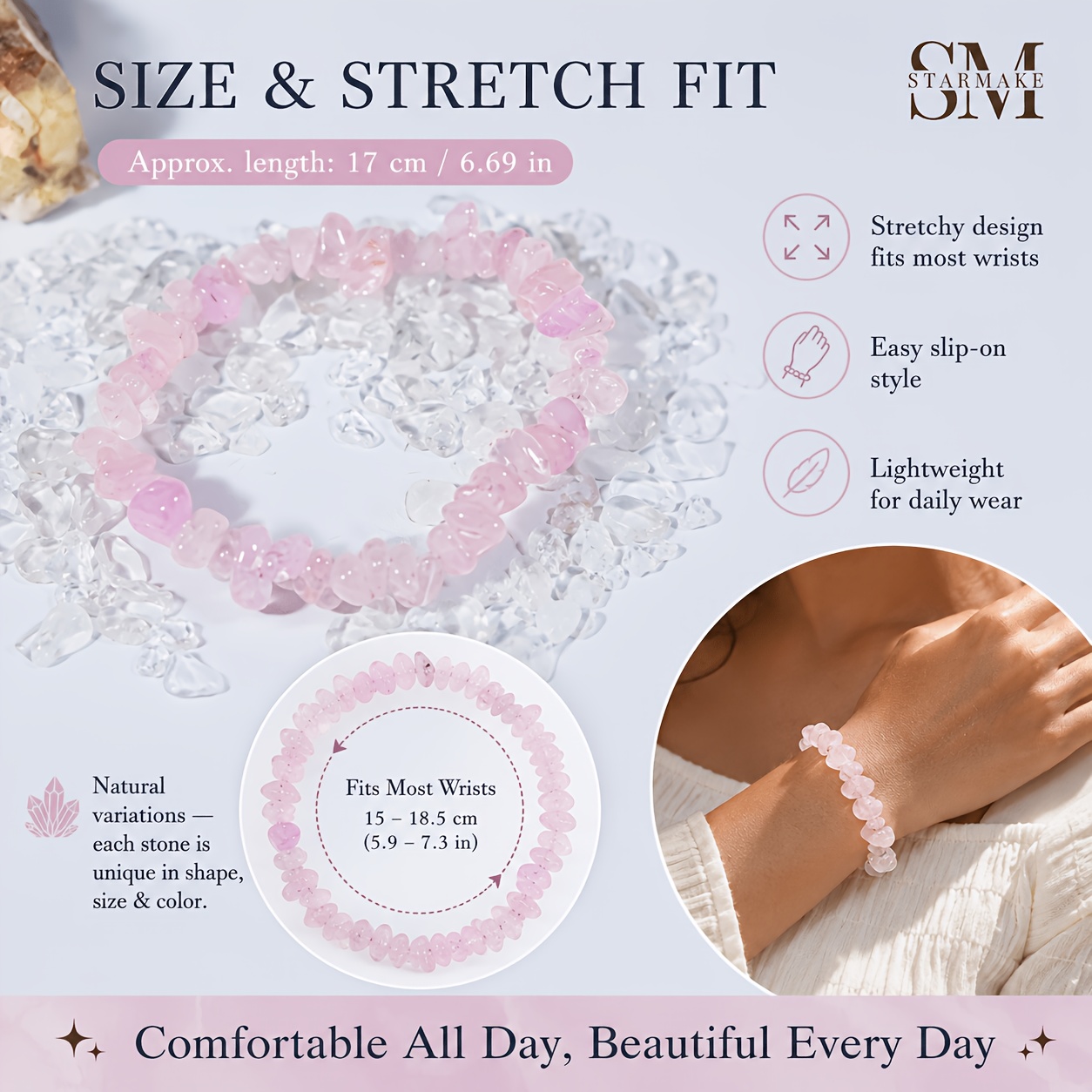 Women's SM Rose Quartz Chip Stretch Bracelet, Boho Style