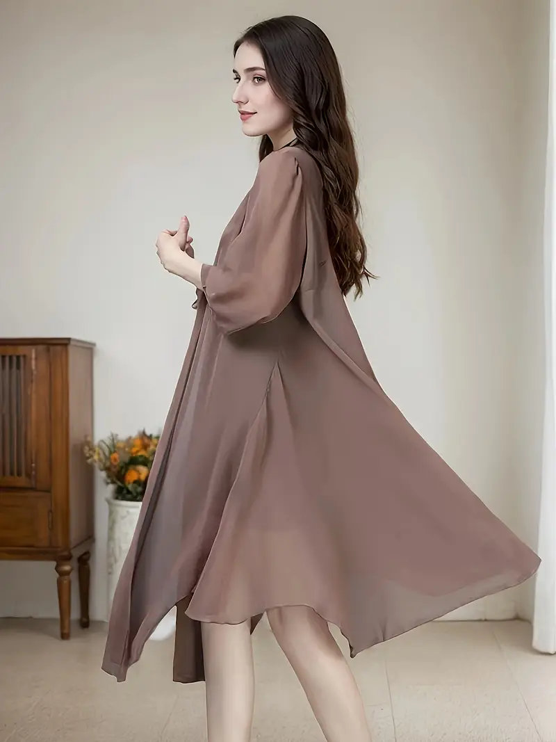 Women's Bohemian Lightweight Semi-Sheer Chiffon Cardigan Long A-Line Open Front Cover-Up with Asymmetrical Hem, 3/4 Sleeves Vertical Neckline for