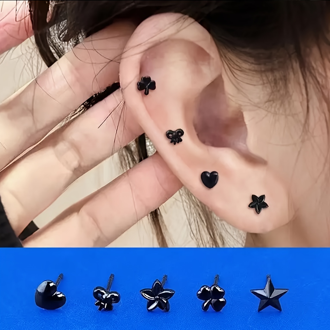 Image of 10pcs/5 Pairs Black Resin Earring Set Easy Cute Different Styles Geometric Pattern Earrings - Hypoallergenic Ear Care Heart And Earrings Unisex Elegant Daily Versatile
