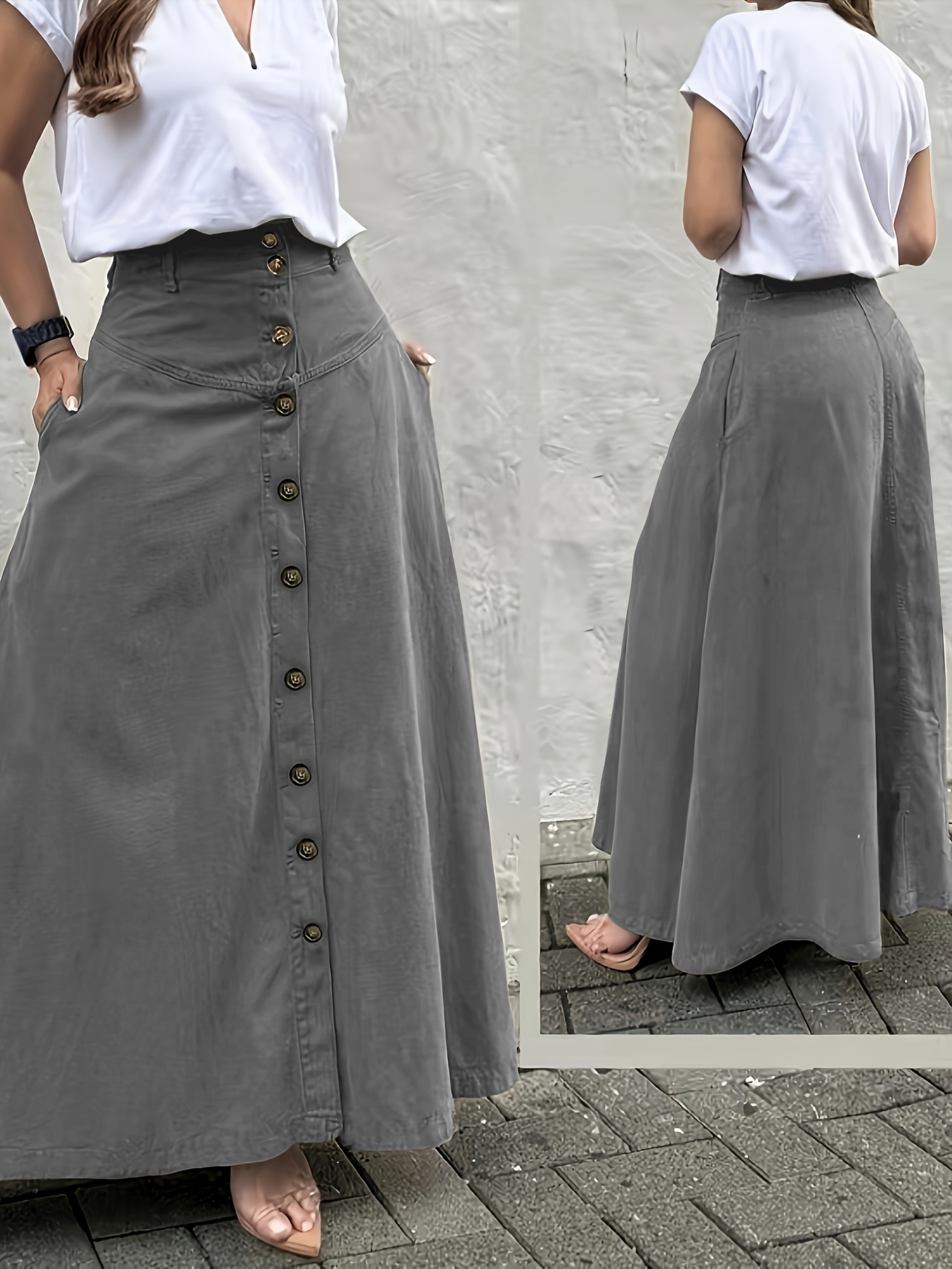 Women's Elegant Solid Color High Waist Mid-Long Skirt, Fashionable and Practical with Pockets and Button Front Slit A-line Skirt, Can be Worn in Spring, Summer, Autumn and Winter