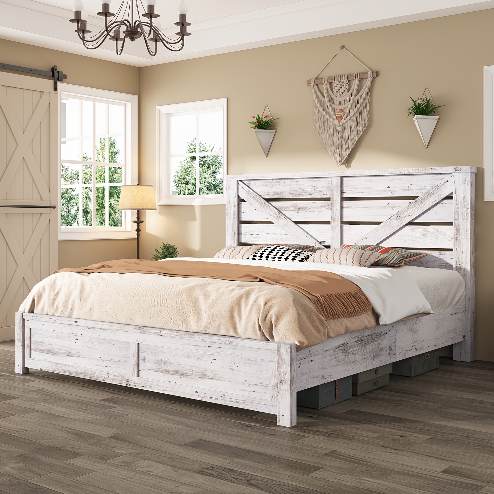 

Queen Size Rustic Bed Frame With 49.2" Sliding Barn Door Headboard, Platform Bed With Wood Slats, Underbed Storage, Easy Assembly, Noise-free Design, Distressed White