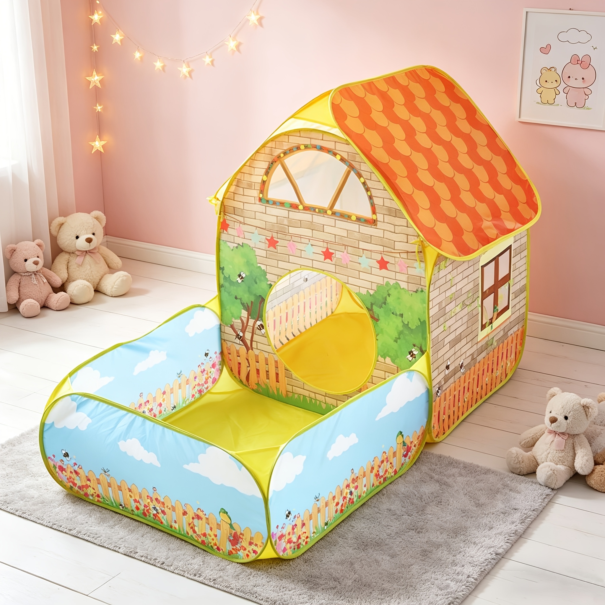 Image of Kids Pop Up Play Tent With Attached Ball Pit, Foldable Playhouse For Indoor Outdoor, Portable Children's Game Tent With No , Perfect For Travel &