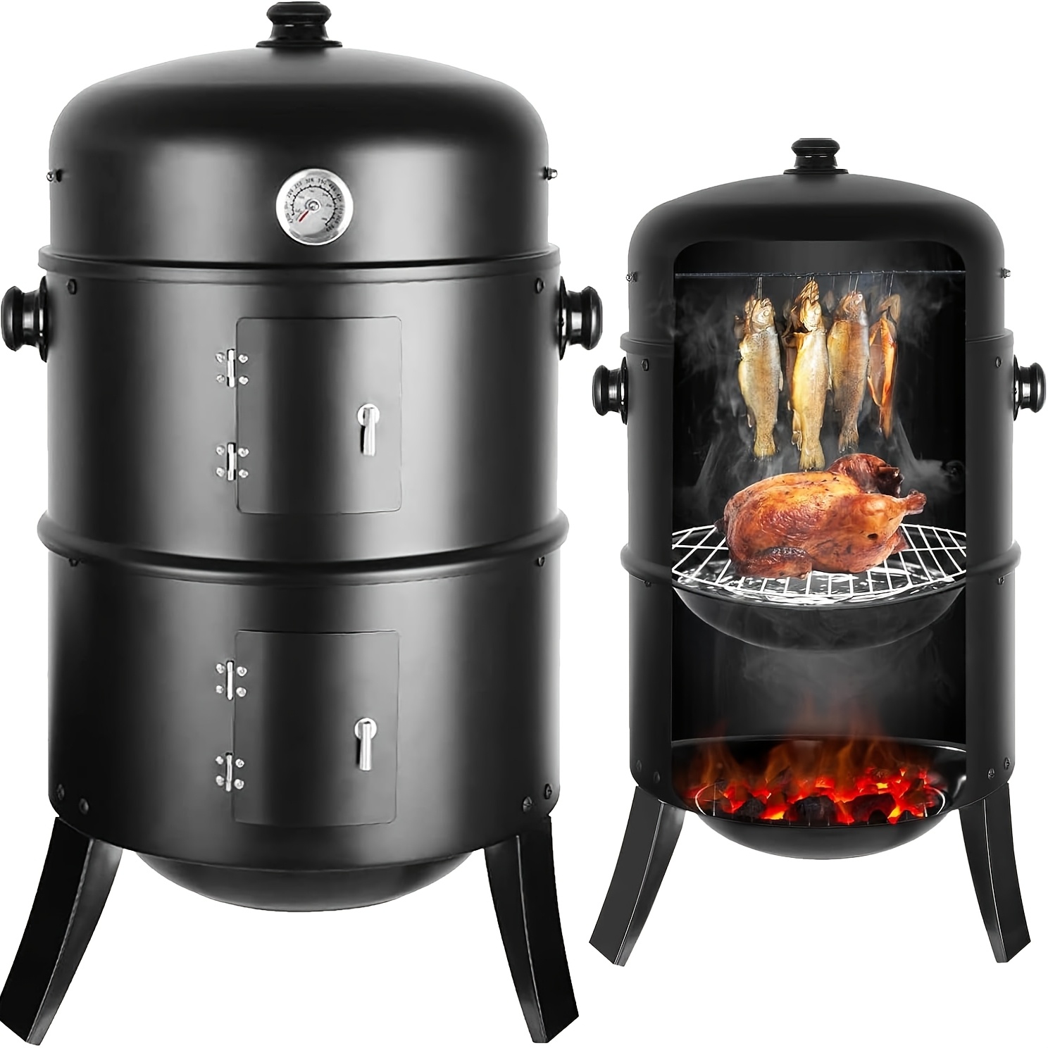Image of 3 In 1 Grill, Smoking With Chimney, Grill With Lid & Thermometer, 2 , 2 Water Bowls, Iron Smoking Water