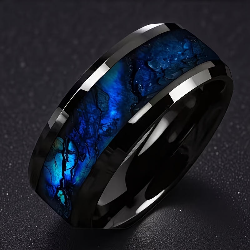 8mm mens black stainless steel ring with blue textured inlay step   for a   wedding band