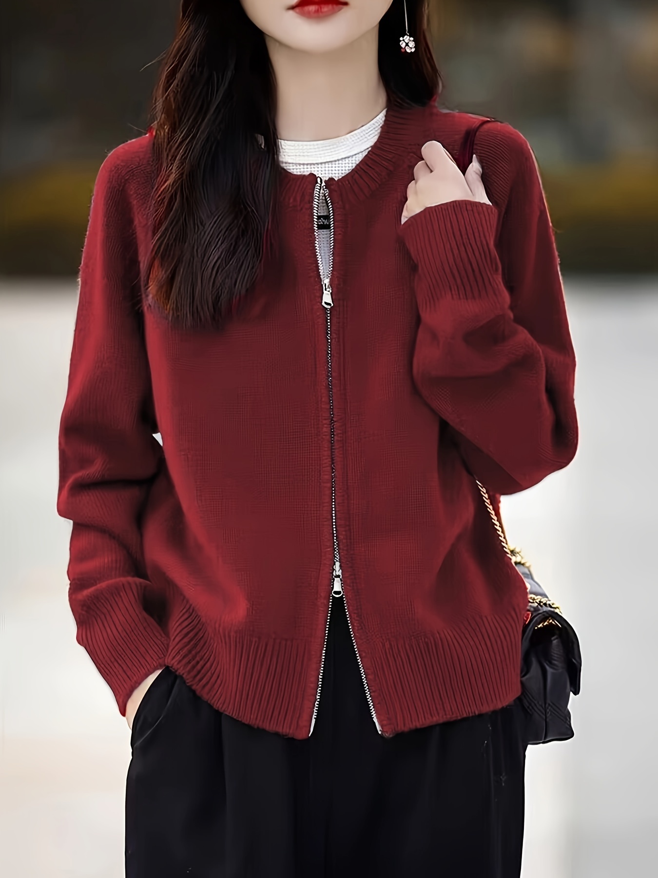 Women's Korean-Japanese Inspired Red Cardigan Double Zipper Front, Round  Neck, Medium Stretch, Machine Washable Fall Winter Sweater for Casual