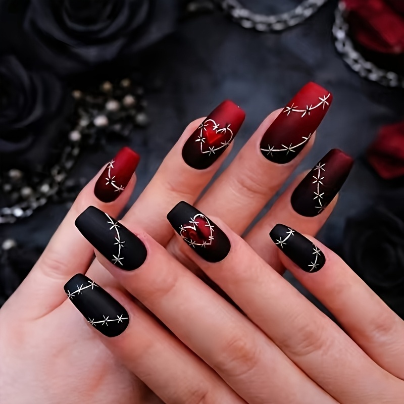 TEMU 24pcs Set Black And Red Matte Gradient Thorn Heart Nails, Sweet And Cool Spicy Style, Niche Trend, Wearable Glossy Detachable Press-on Nails
