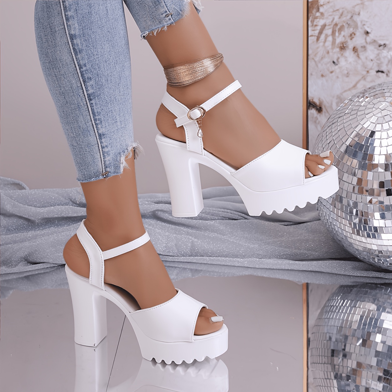 TEMU Women's Ankle Strap Platform Chunky Heel Sandals In Sizes, Rhinestone High Heel Roman Shoes, Soft Sole Breathable Height-increasing Shoes,