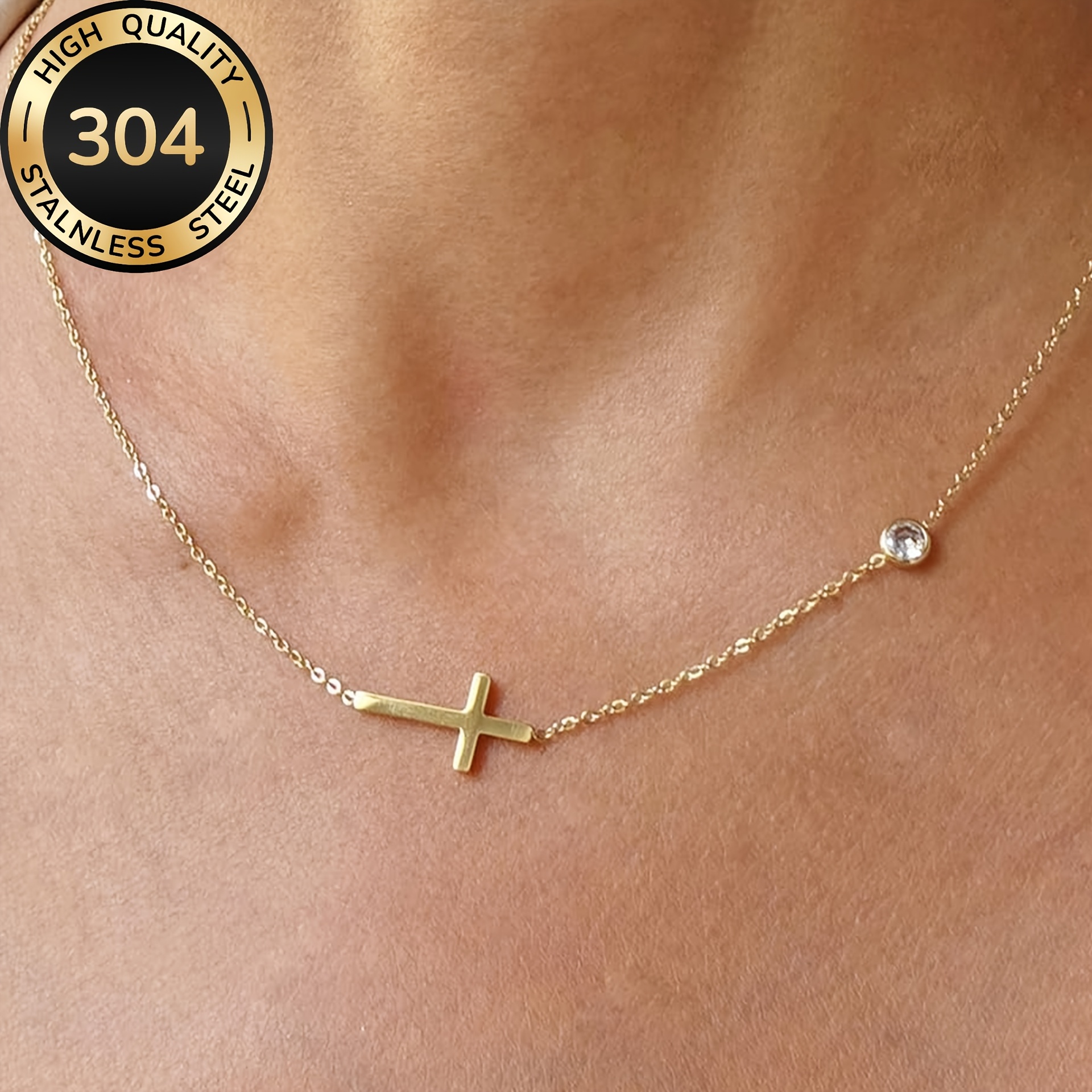 Image of A Cross Necklace, Creative Minimalist Hip-hop Jewelry, 304 Stainless Steel With Synthetic Synthetic Zirconia, A Gift For Boyfriend, Girlfriend, Or Couples On Holidays