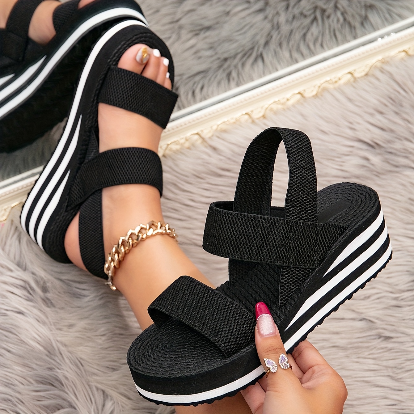 Image of Women's Summer Wedge Sandals | Black Fabric With | Ankle Strap & Open Toe Design | Comfortable Eva Sole | Casual Beach Footwear For Wear, Ladies Sandals, Women Shoes