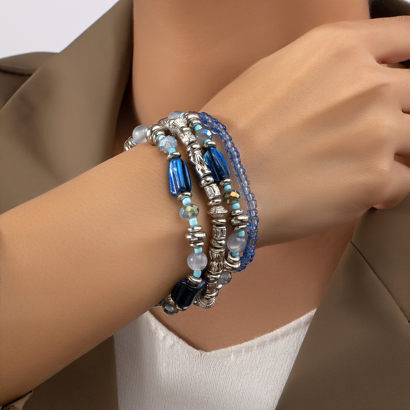 

4 Pcs Set Of Exquisite Blue Beads Beaded Bracelet Bohemian Elegant Style Female Elastic Bracelet Set
