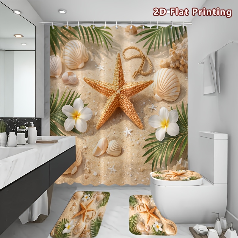 4pcs Summer Beach Shower Curtain Set with Bath Mat