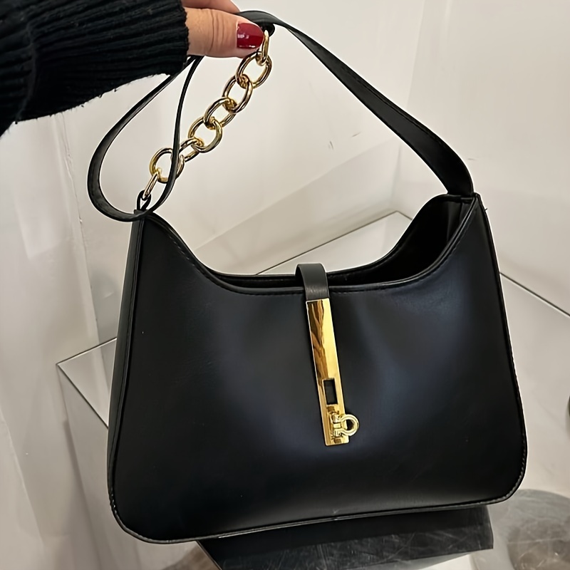 

Elegant Solid Shoulder Bag For Women, Fashionable Minimalist Design With Chain Detail, Chic Ladies Handbag