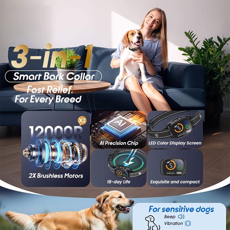 Dog Bark Collar Smart No Shock Training Collar for Medium Large Dogs, 6 Sensitivity Levels, Beep And Vibration Modes, Automatic Bark Detection, Rechargeable Humane Dog Training Device, Safe Behavior Correction Collar for Indoor Outdoor Use