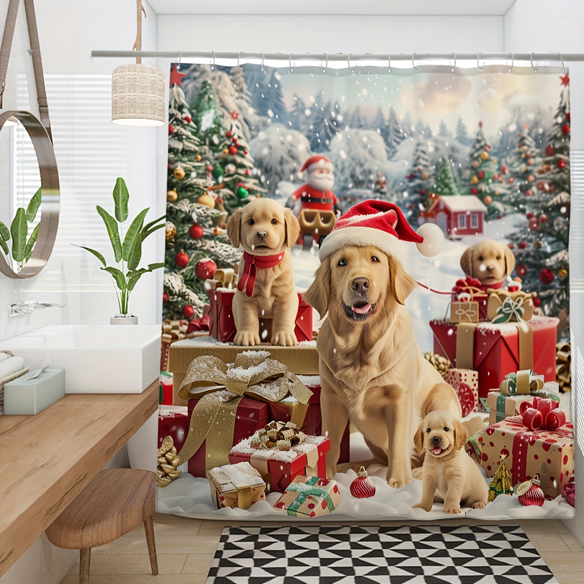 

Cute Christmas Dog Pattern Waterproof Shower Curtain With 12 Hooks - Decor, Machine Washable, 72x72 Inches, Best For Christmas