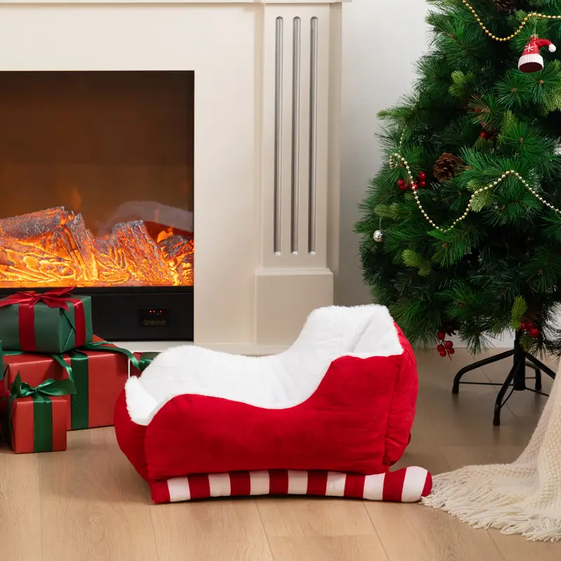cozy christmas sleigh pet bed red fur soft indoor outdoor bed breathable washable durable holiday gift for for fireplace snuggling christmas pet accessory sleigh plush pet bed Product details 2
