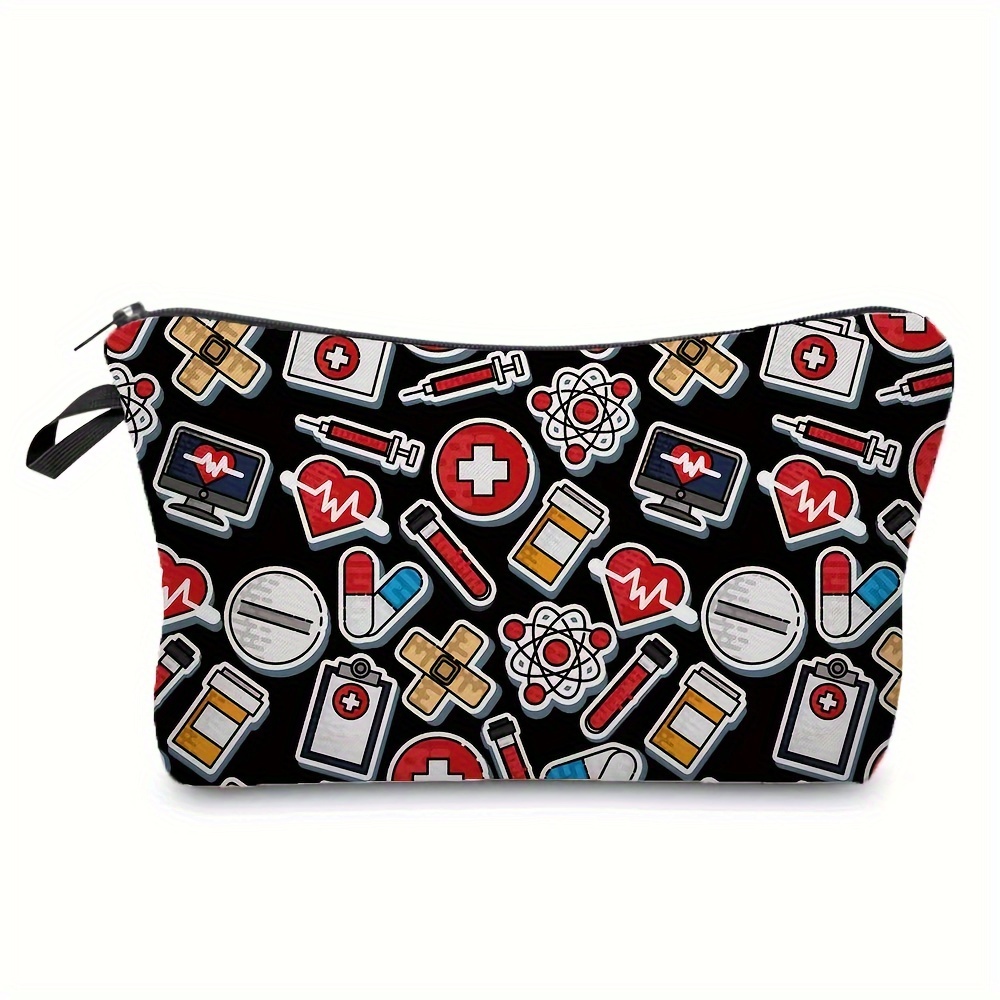 

Medical Theme Printed Cosmetic Bag For Nurses, Ecg And Heart Pattern, Durable Travel Makeup Organizer, Portable Pouch For Toiletries, Zipper Closure, Gift