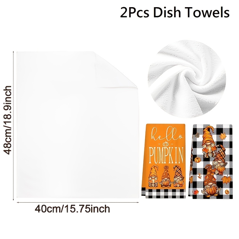 Image of 2pcs, Autumn Pumpkin Gnome Kitchen Towels, Fall Gnome And Pumpkin Maple Leaf Designs Dish Towels, Soft Absorbent Tea Towels, Perfect For Autumn Decoration, Fall Thanksgiving Kitchen Decor