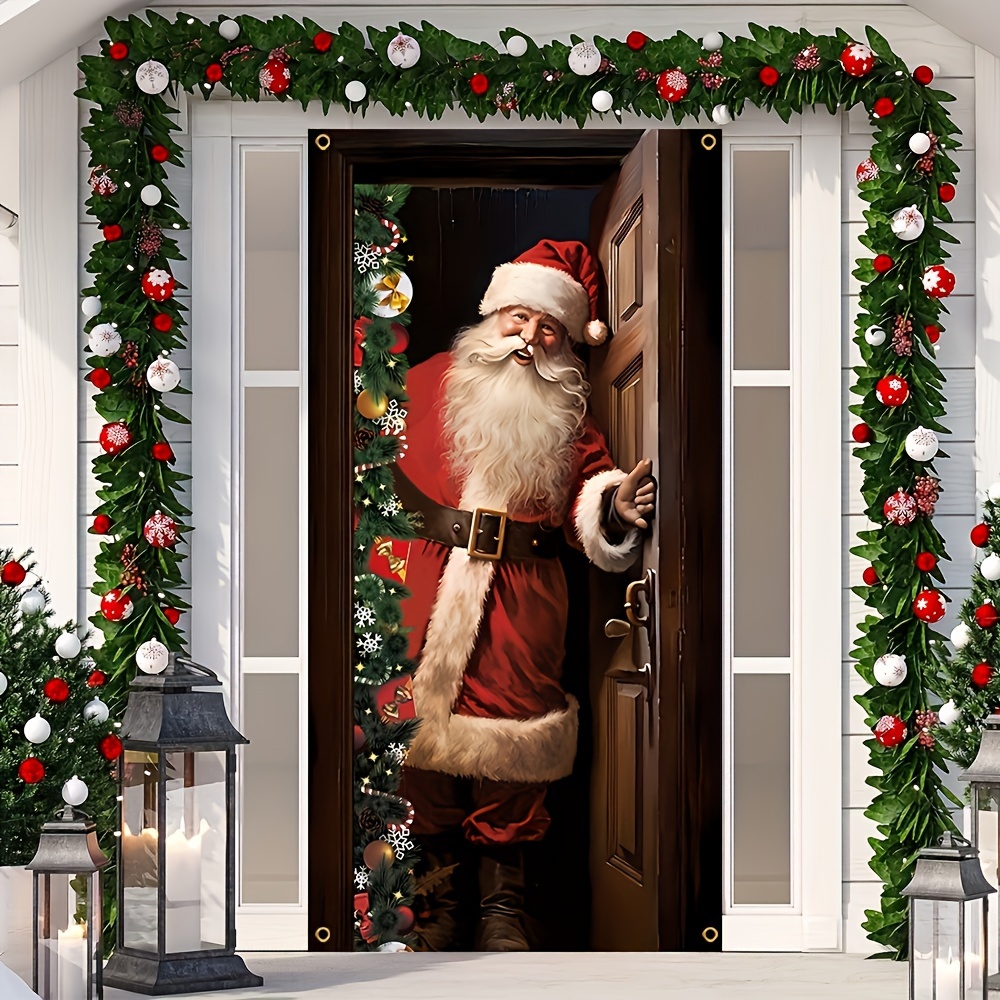 

Merry Christmas & Happy New Year Santa Claus Door Banner - Polyester, 70x35" Outdoor/indoor Decoration For