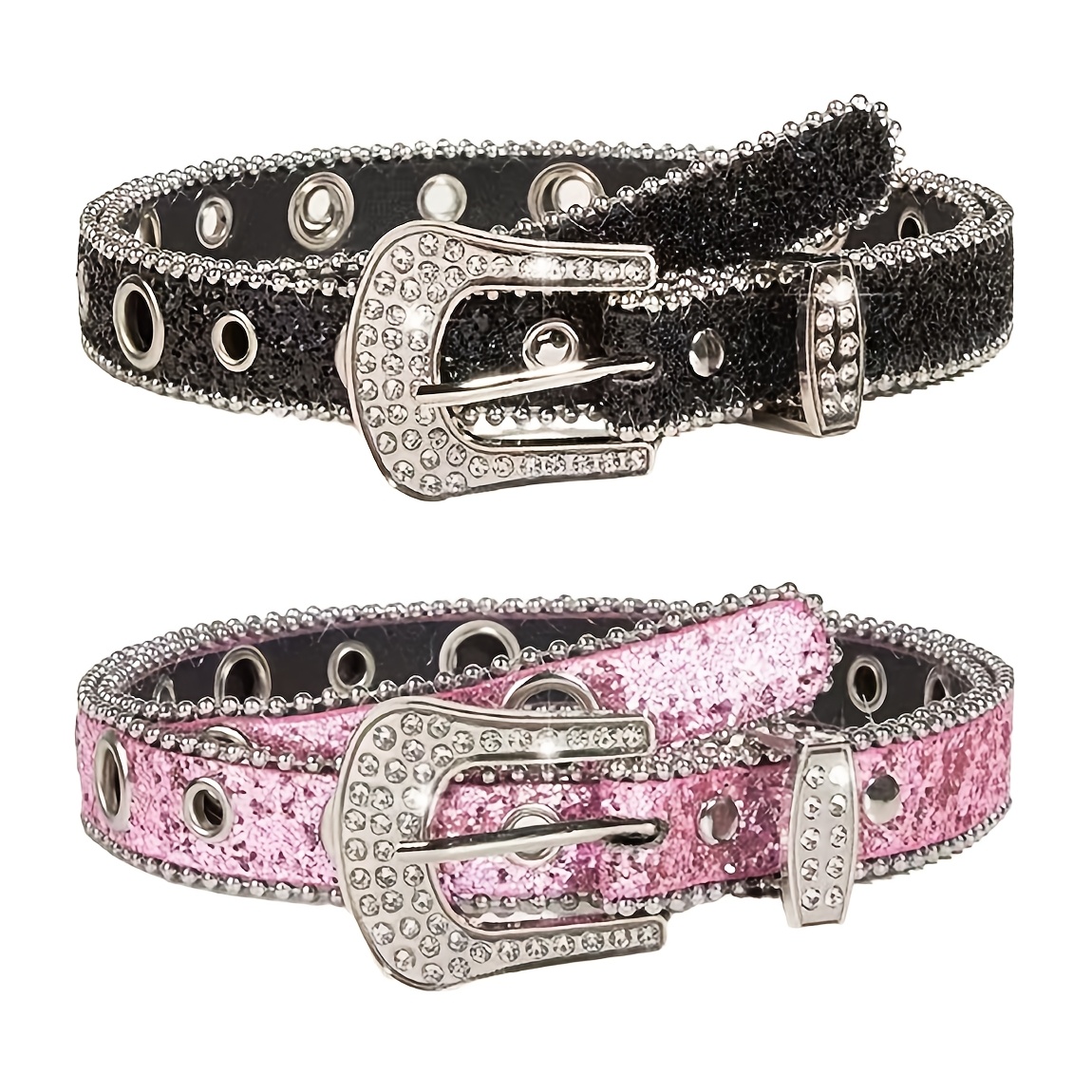 TEMU 2-pack Women's Rhinestone Belts, Y2k Hip-hop Western Sparkling Studded Design, Unisex Adjustable Shiny Waist Belt, Suitable For Halloween,