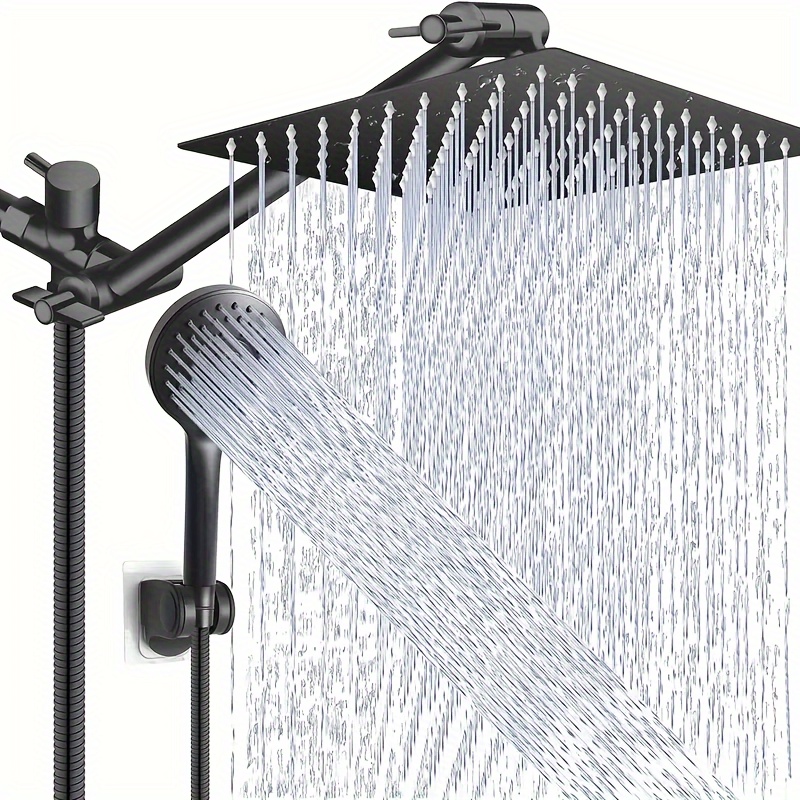 

1pc Shower , 8-inch High-pressure Rain Shower Head, With 11-inch Adjustable Extension Arm And 5 Settings Handheld Shower Head Combination, Powerful Low-pressure Water Shower Spray, Matte Black